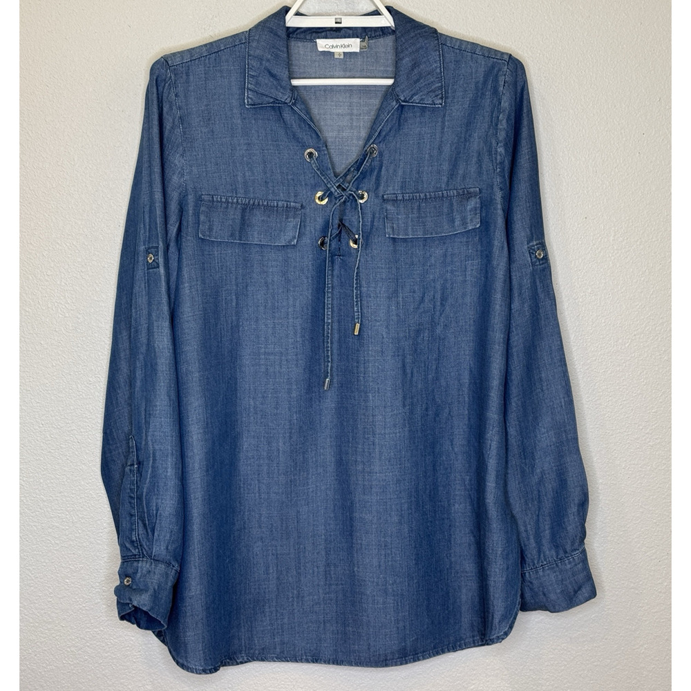 Calvin Klein Chambray Tunic Top Womens Sz Small Blue Long Roll Tab Sleeve V-Neck